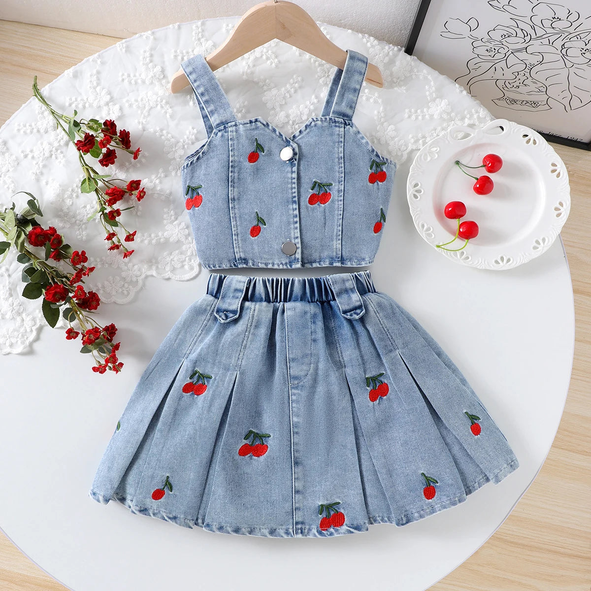 Girls Blue Cherry Embroidered Sleeveless Denim Crop Top with Pleated Skirt Sets 2 pc. Sets Blue 2-3 Y