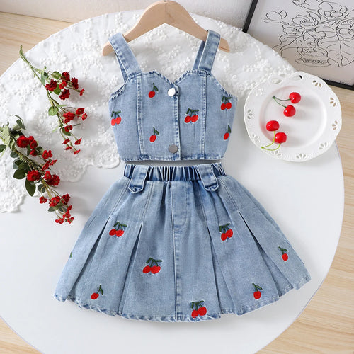 Girls Blue Cherry Embroidered Sleeveless Denim Crop Top with Pleated Skirt Sets 2 pc. Sets Blue 2-3 Y