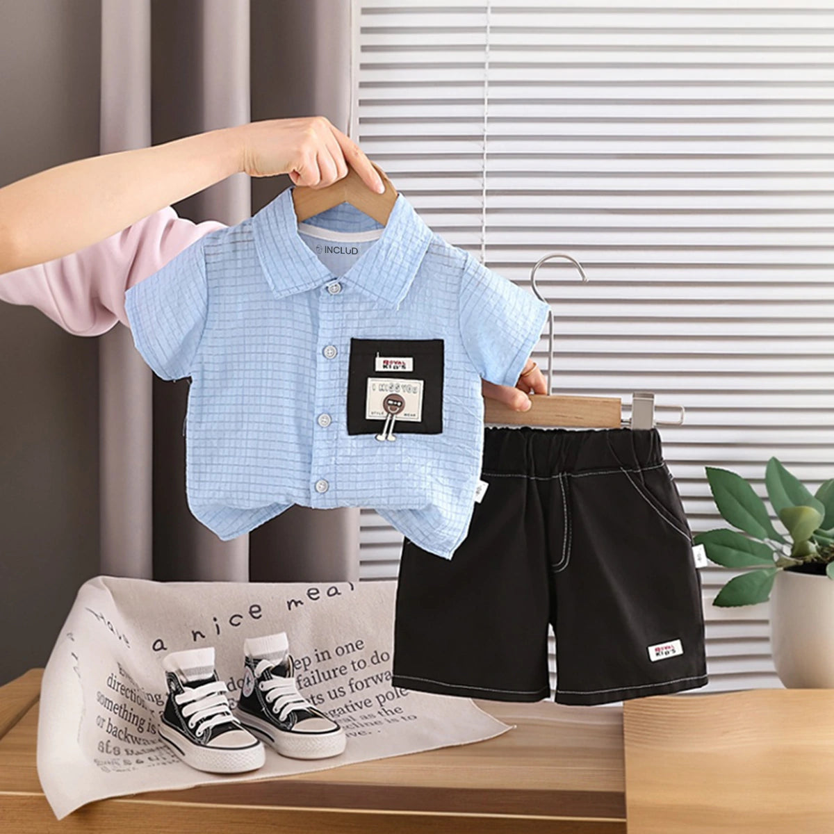 Boys Light Blue Checked Short Sleeves Shirt With Denim Shorts Set Sets Light Blue 1-2 Y