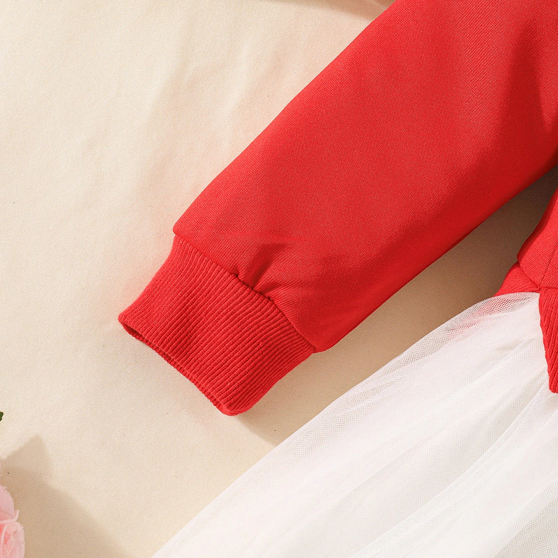 Girls Red Heart Printed Tulle Skirt Sweatshirt dress Casual Dresses