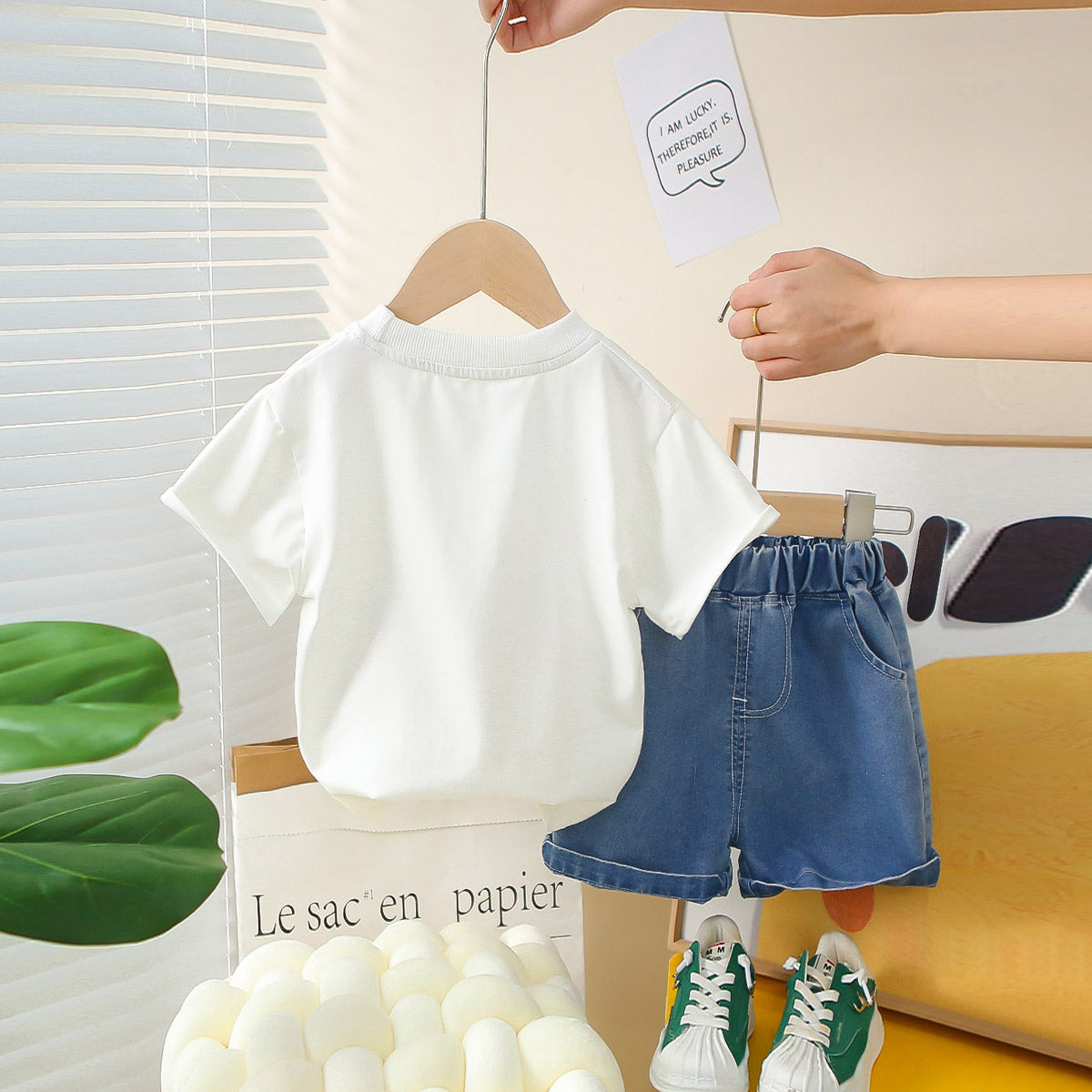 Boys White Car Printed Short Sleeves T-Shirt With Denim Shorts Set 2 pc. Sets
