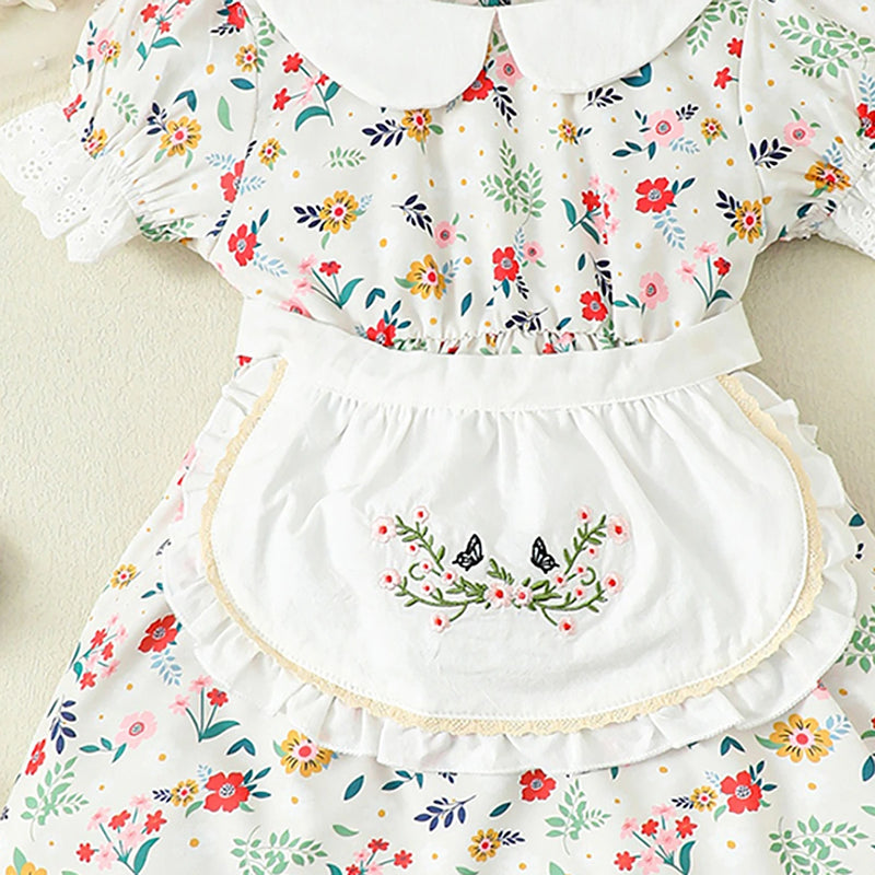 Girls White Floral Print Puff Sleeve A-Line Dress Casual Dresses