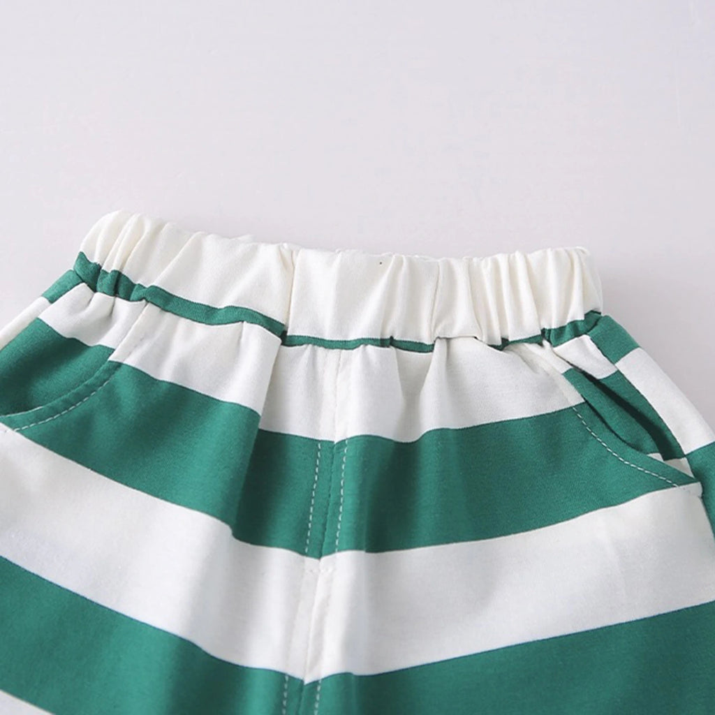Boys Dark Green Rocket Fries Striped T-Shirt With Elasticated Shorts Sets 2 pc. Sets