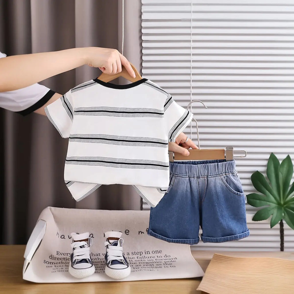 Boys White Panda Striped Short Sleeve T-Shirt With Denim Shorts Sets 2 pc. Sets