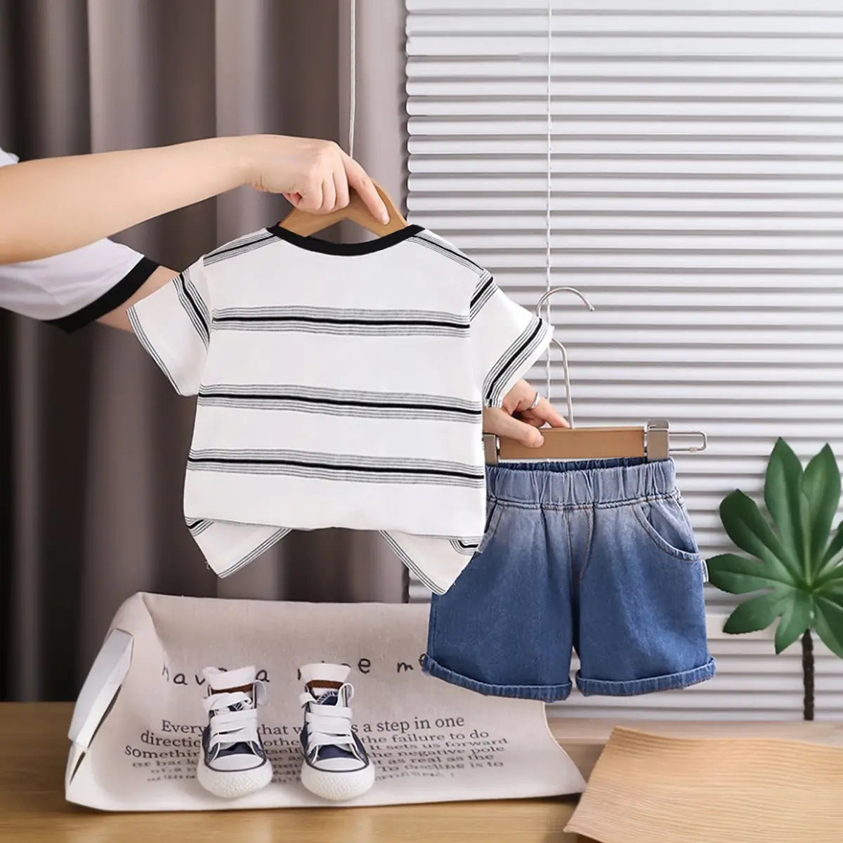Boys White Panda Striped Short Sleeve T-Shirt With Denim Shorts Sets 2 pc. Sets