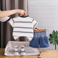 Boys White Panda Striped Short Sleeve T-Shirt With Denim Shorts Sets 2 pc. Sets