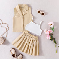 Girls Khaki Sleeveless Jacket With Camisole Top And Pleated Skirts Sets 3 pc. Sets Khaki 3-4 Y