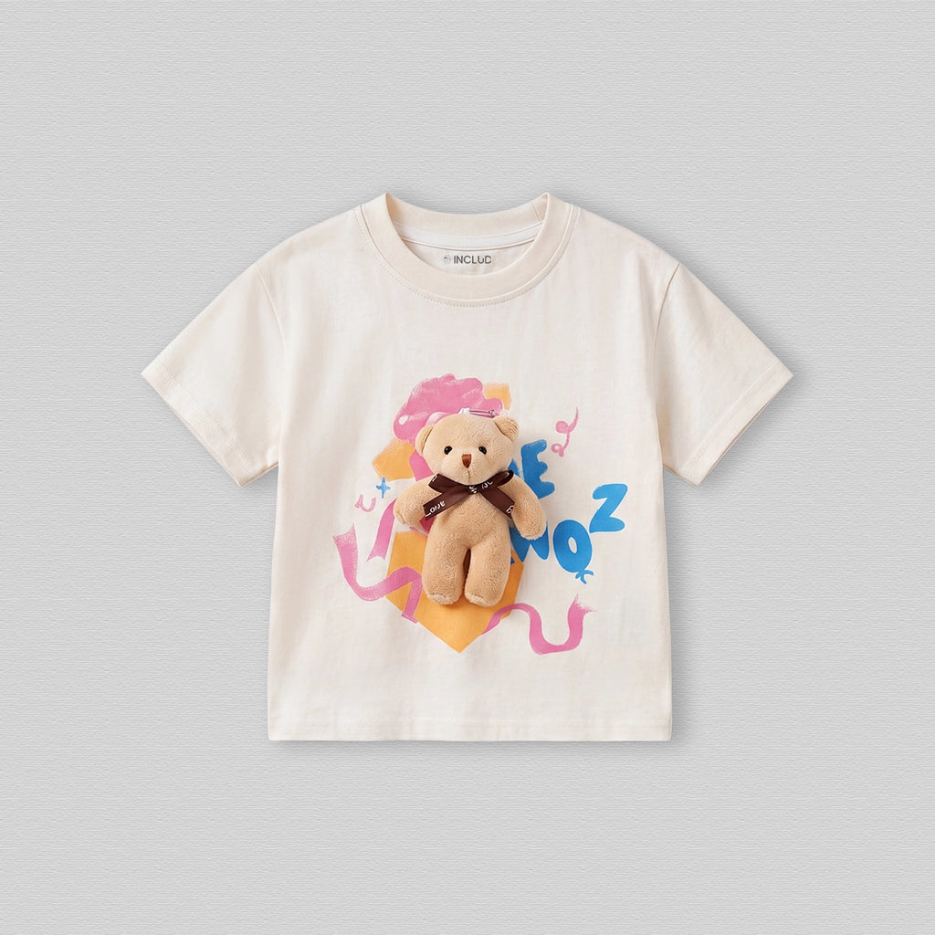 Boys Cream Teddy Applique Short Sleeve Round Neck T-Shirt Tshirts Cream 1-2 Y