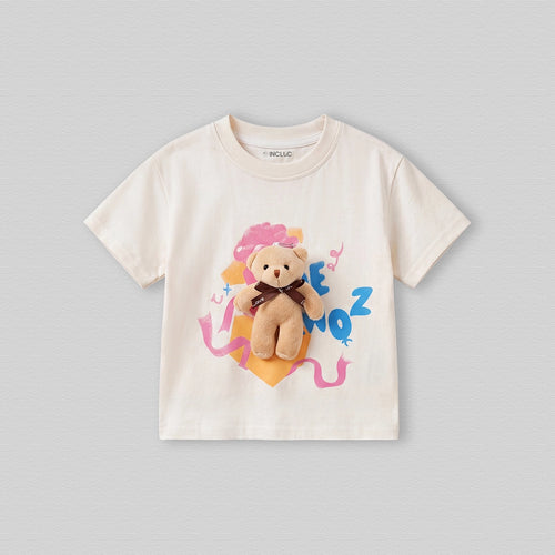 Boys Cream Teddy Applique Short Sleeve Round Neck T-Shirt Tshirts Cream 1-2 Y
