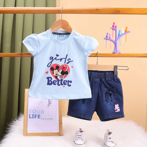 Girls Blue Cartoon Graphic Top With Denim Shorts Sets Sets Blue 1-2 Y