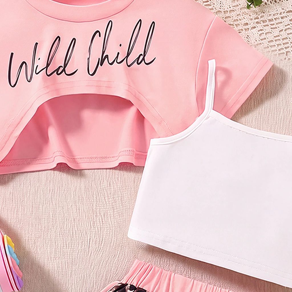 Girls Pink Typography Print Shrug With Cami Top & Leopard Print Shorts Sets 3 pc. Sets