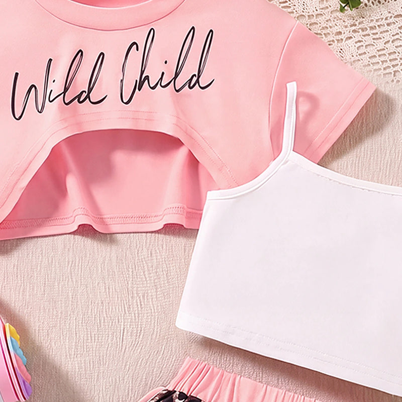 Girls Pink Typography Print Shrug With Cami Top & Leopard Print Shorts Sets 3 pc. Sets
