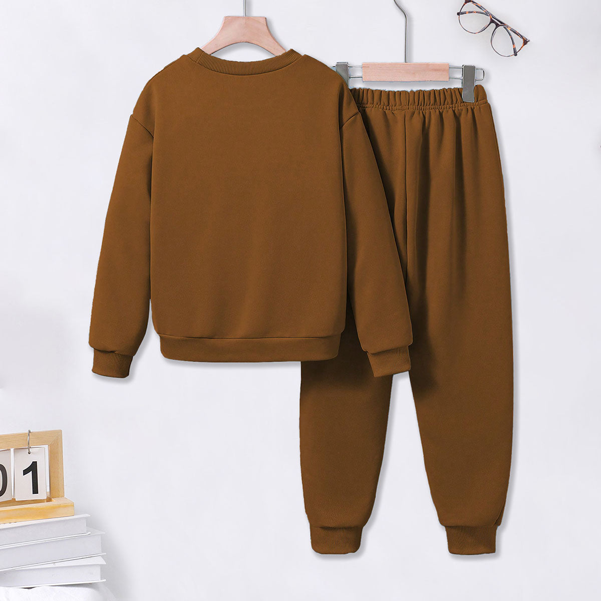 Boys Brown Typographic Printed Sweatshirt With Sling Bag & Jogger Sets Sets