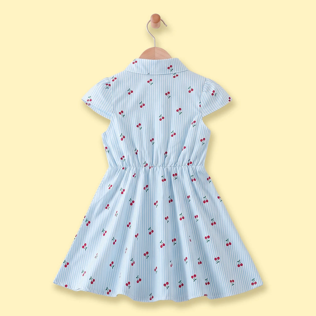 Girls Light Blue Cherry Print Puff Sleeve Fit & Flare Dress Casual Dresses