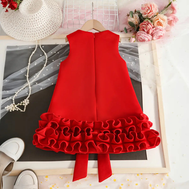 Girls Red Sleeveless Large Bow Applique A-line Party Wear Dress Party Dresses