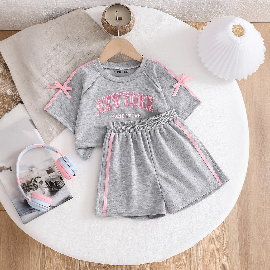 Girls Light Grey Typographic Print Raglan Sleeve T-Shirt With Shorts Sets 2 pc. Sets Light Grey 3-4 Y