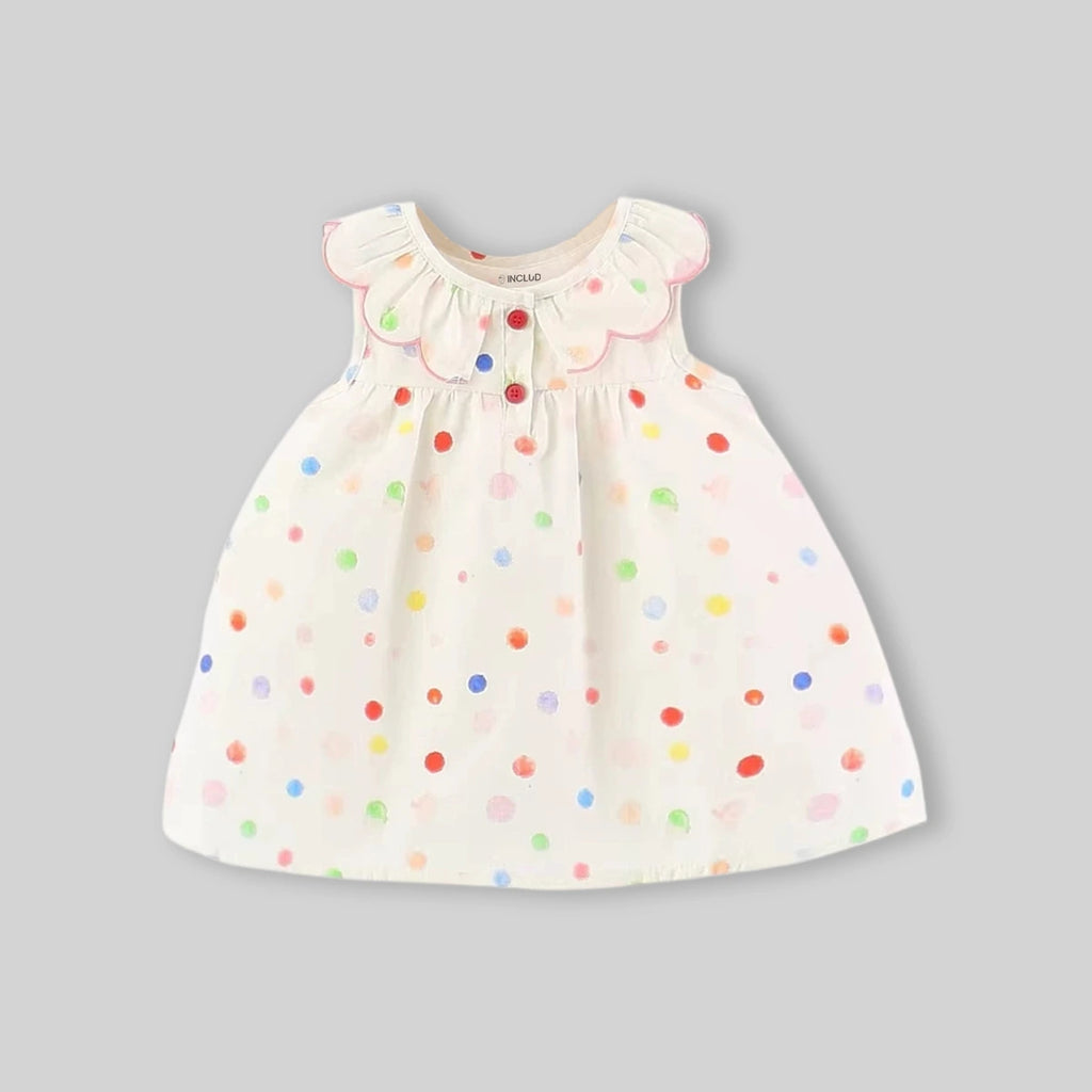Girls Off White Polka Dot Printed Ruffle Collar A-Line Dress Casual Dresses