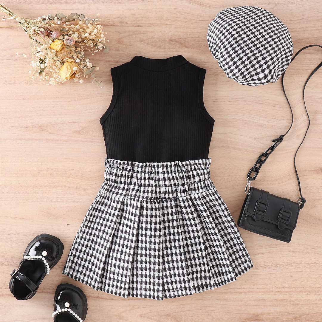 Girls Sleeveless Top with Pleated Skirt & Beret Hat Set Sets   