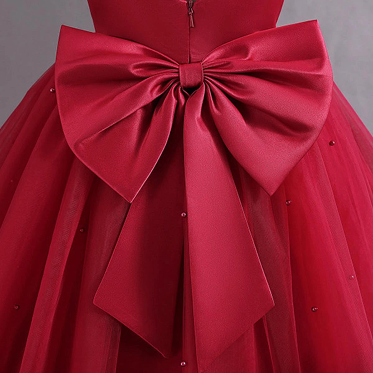 Girls Red Pearl-Embellished Flutter Sleeve Party Wear Dress Party Dresses