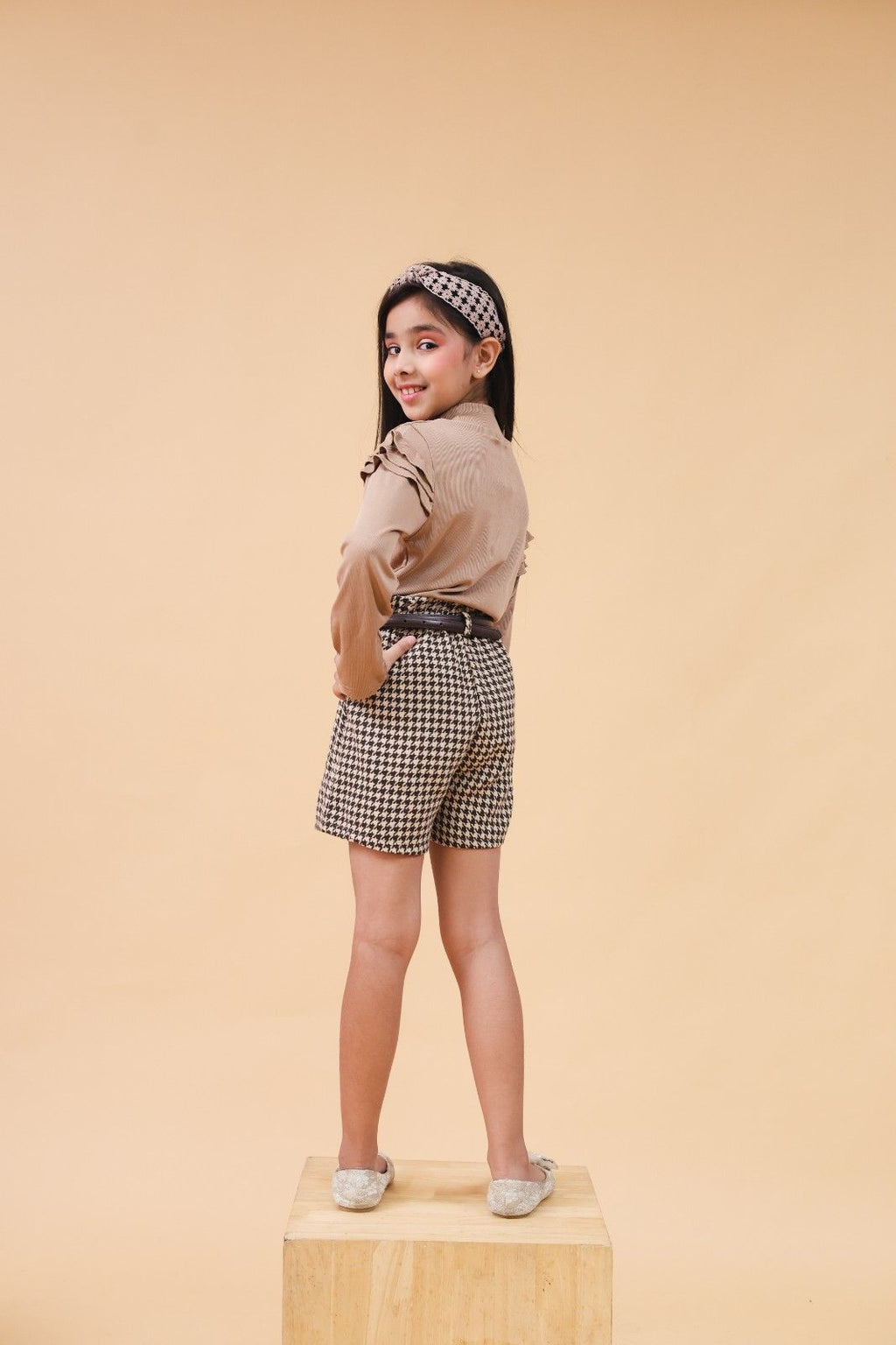 Girls Long Sleeve High Neck Top With Houndstooth Shorts Set 2 pc. Sets