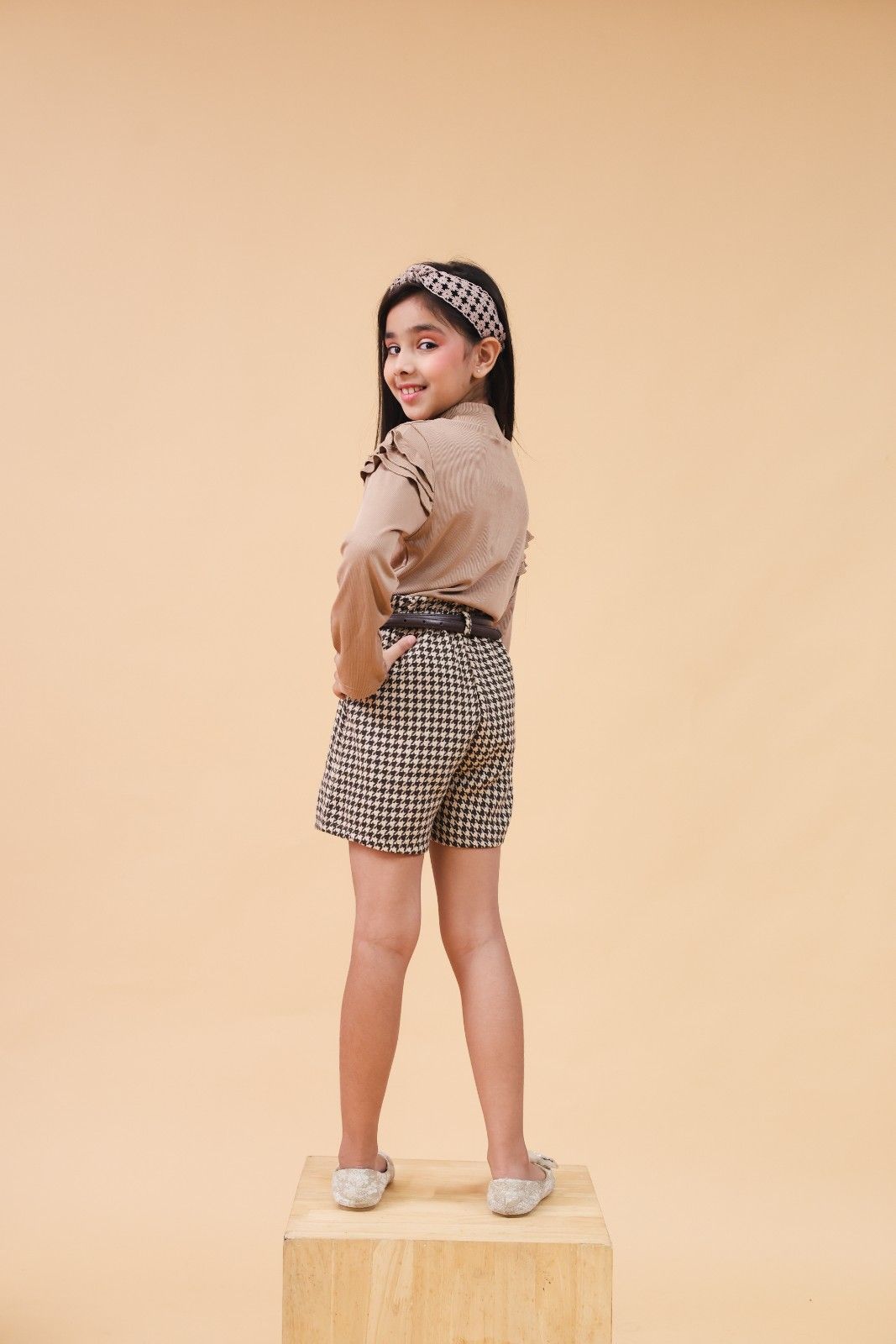 Girls Long Sleeve High Neck Top With Houndstooth Shorts Set 2 pc. Sets