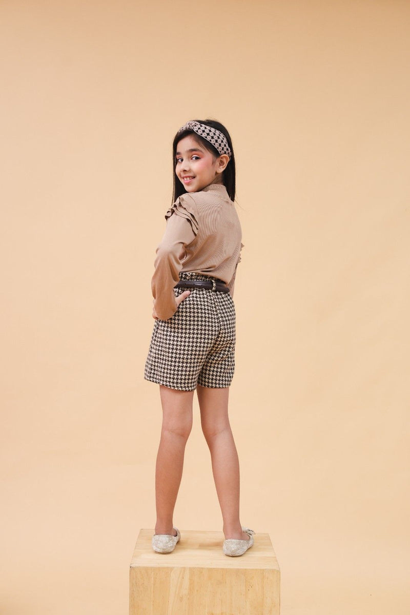 Girls Long Sleeve High Neck Top With Houndstooth Shorts Set 2 pc. Sets
