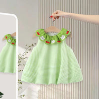 Girls Lime Green Checked A-line Dress With Bunny And Cherry Embroidery Casual Dresses Lime Green 1-2 Y