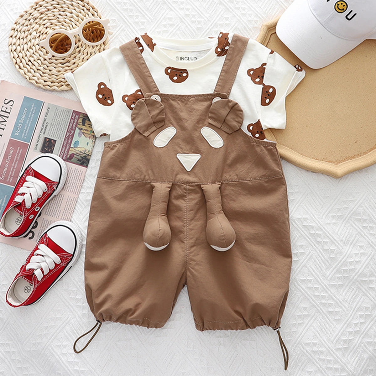 Boys Brown Bear Printed Round Neck T-Shirt With 3D Teddy Bear Applique Dungaree Sets 2 pc. Sets Brown 1-2 Y