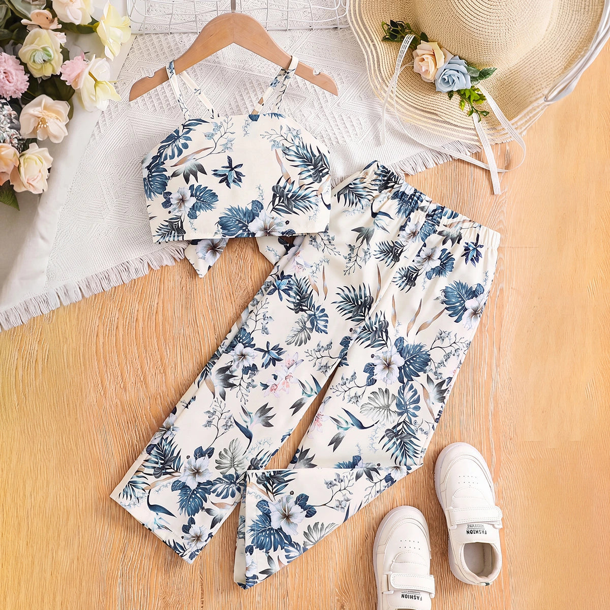 Girls Cream Floral Print Sleeveless Crop Top With Pants Sets 2 pc. Sets Cream 3-4 Y