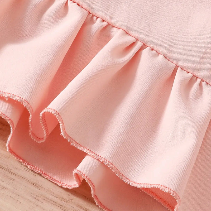 Girls Peach Sleeveless Ruffled Top With Embroidered Denim Pants Set Sets