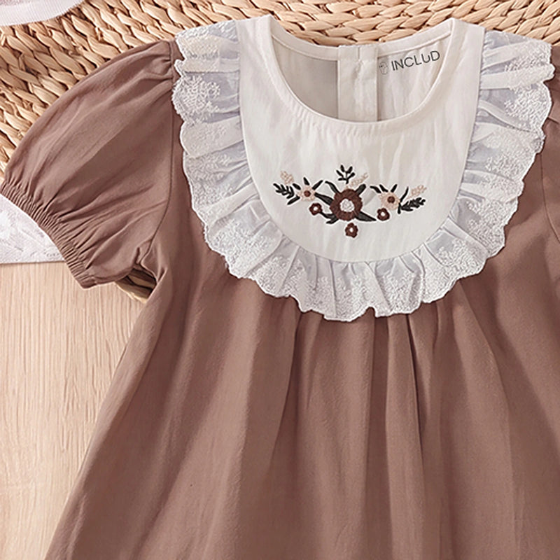 Girls Brown Embroidered Puff Sleeve A-line Dress Casual Dresses