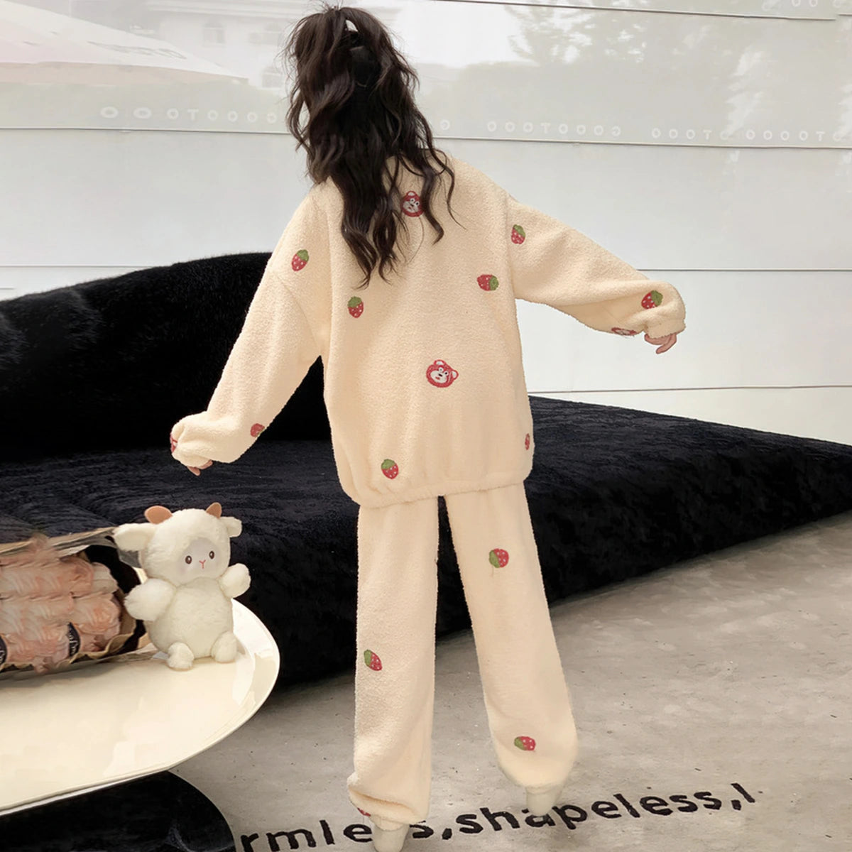 Girls Beige Strawberry Printed Oversized Sweatshirt With Pants Co-ord Sets Sets