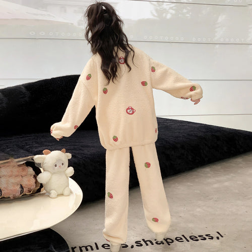 Girls Beige Strawberry Printed Oversized Sweatshirt With Pants Co-ord Sets Sets