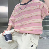 Boys Pink Striped Oversized T-Shirt With Shorts Sets Sets