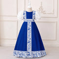 Girls Blue Ethnic Motifs Printed Trims Maxi Dress With Puff Sleeves Casual Dresses Blue 3-4 Y