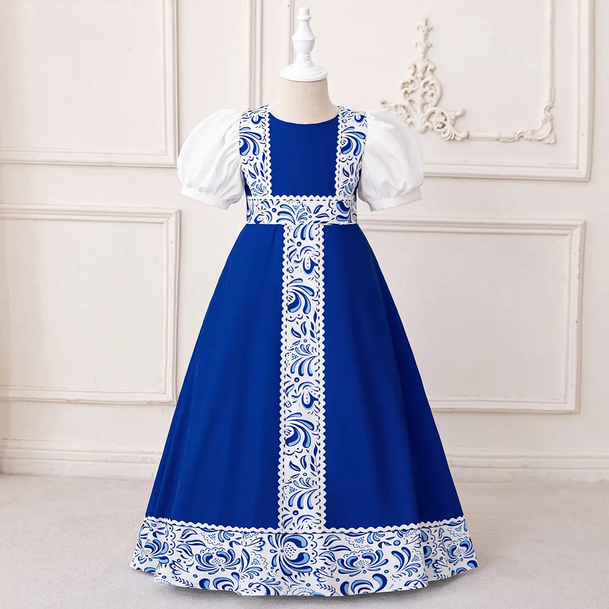 Girls Blue Ethnic Motifs Printed Trims Maxi Dress With Puff Sleeves Casual Dresses Blue 3-4 Y