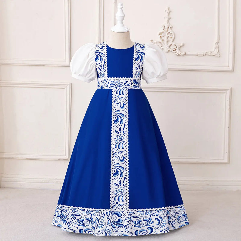 Girls Blue Ethnic Motifs Printed Trims Maxi Dress With Puff Sleeves Casual Dresses Blue 3-4 Y