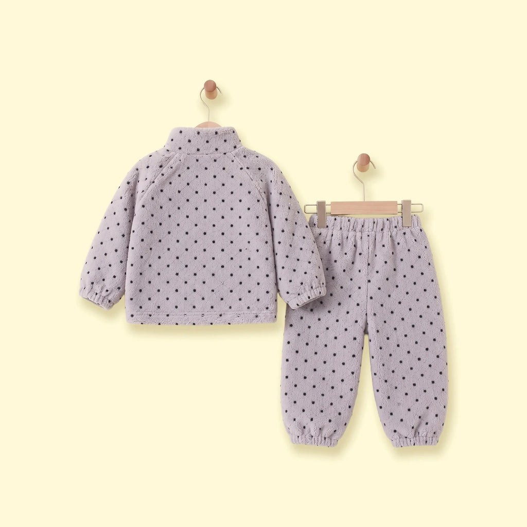 Girls Grey Polka Dot Printed Fleece Jacket & Pants Co-ord Sets Sets