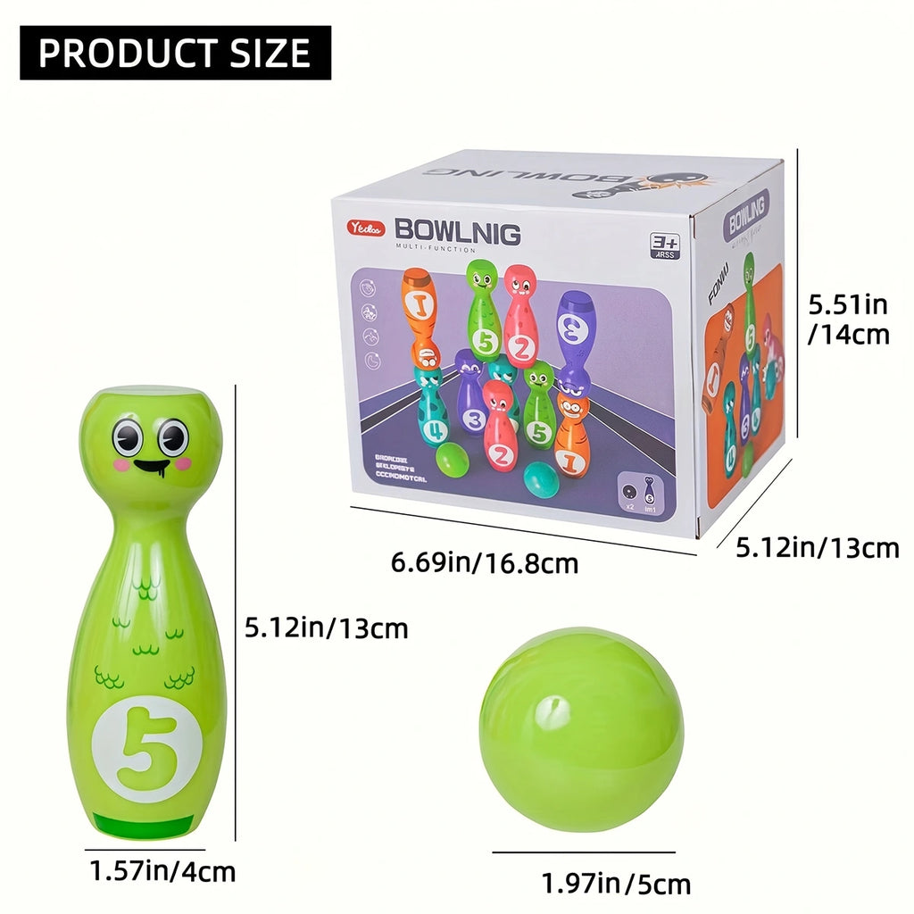 Colorful numbered bowling pins and balls for kids activity game