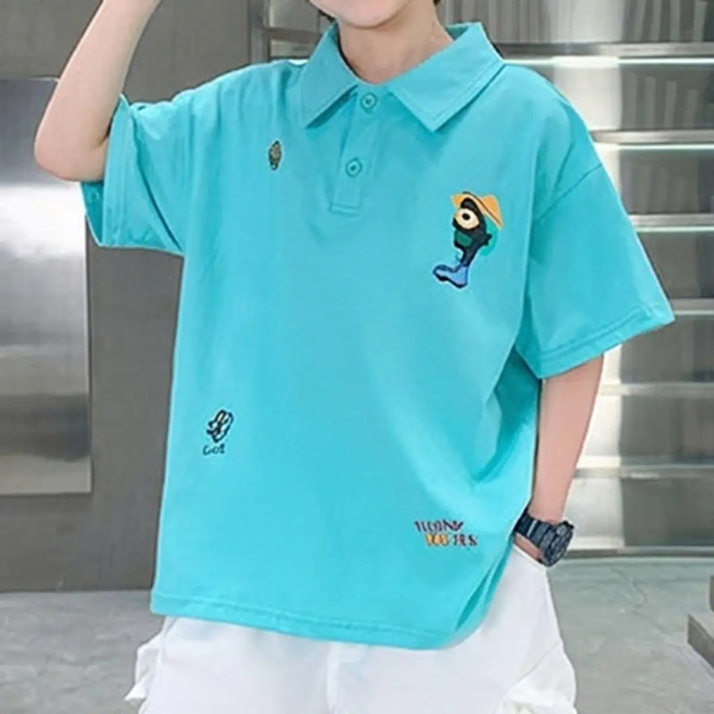 Boys Turquoise Graphic Polo T-Shirt With Shorts Sets Sets