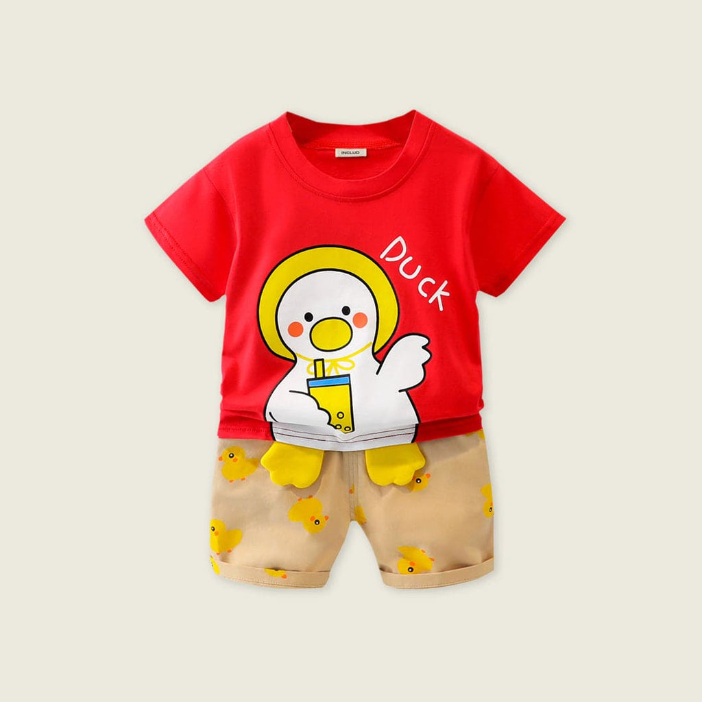 Boys Red Short Sleeve Duck Print T-Shirt With Printed Shorts Sets Red 1-2 Y 