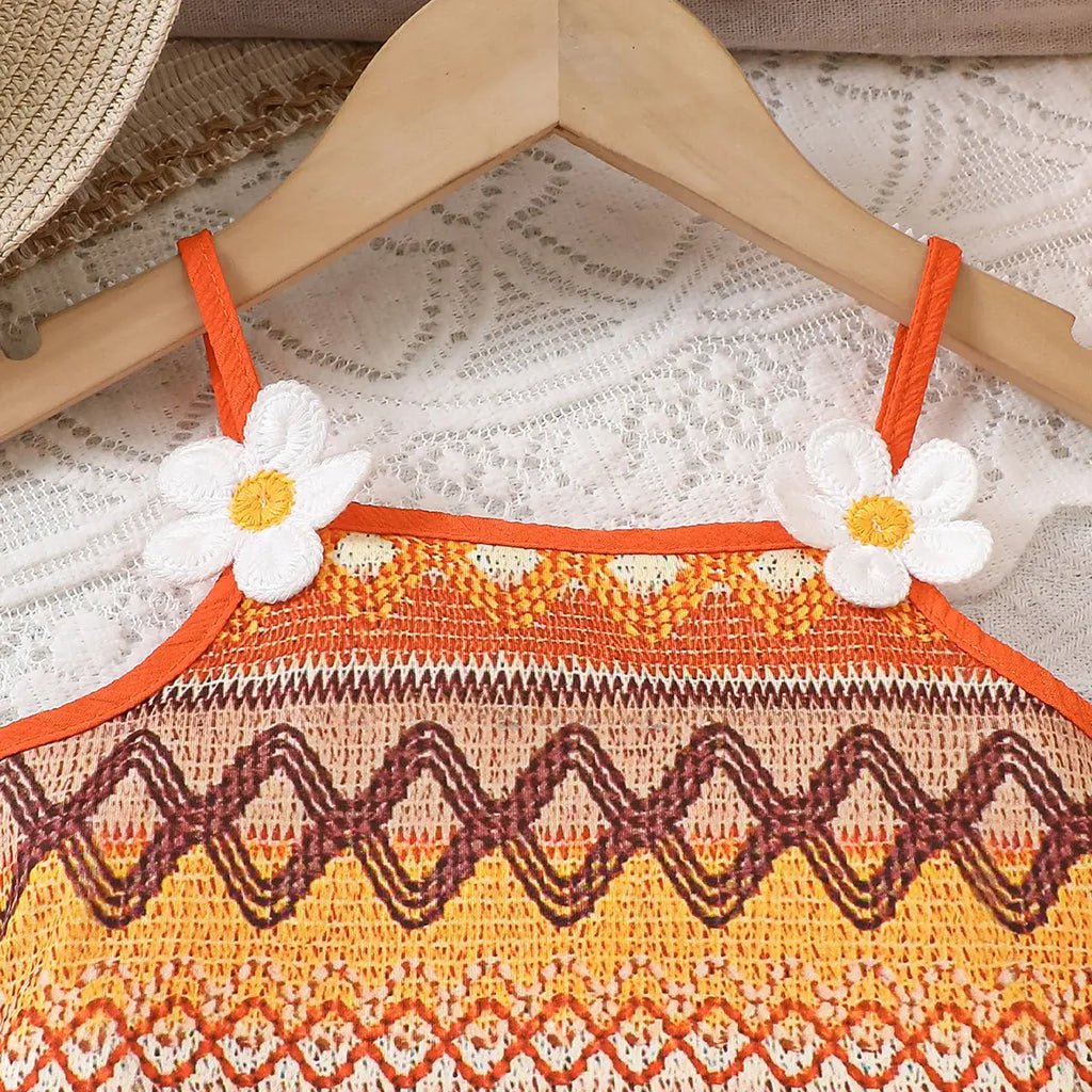 Girls Orange Geometric Printed Top With Tiered Skirt Sets Sets