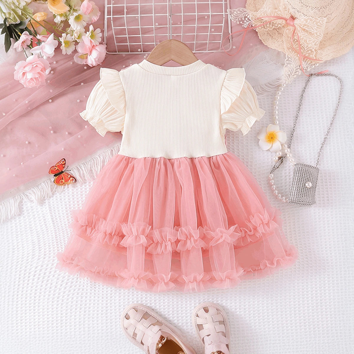 Girls Pink Sequined Short Sleeve Fit & Flare Dress Casual Dresses