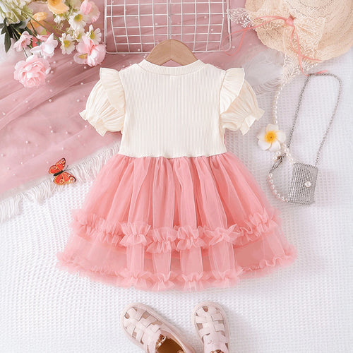 Girls Pink Sequined Short Sleeve Fit & Flare Dress Casual Dresses