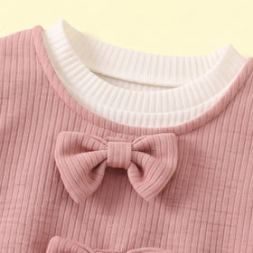 Girls Pink Bow Applique Top With Long Sleeve T-Shirt And Pants Sets 3 pc. Sets