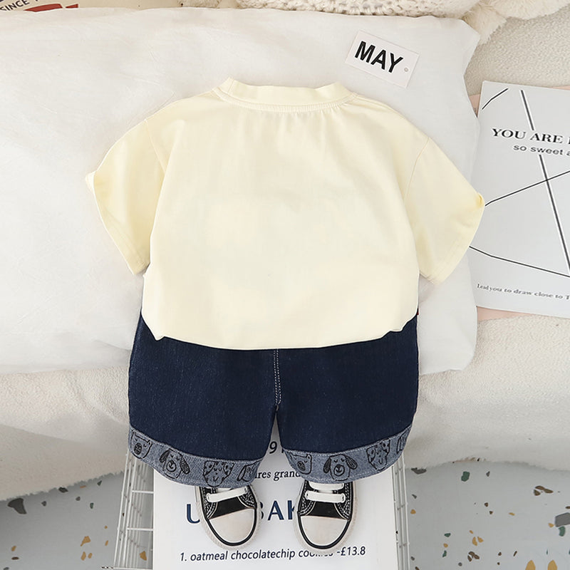 Boys Off White Animals Printed T-Shirt With Denim Shorts Set 2 pc. Sets