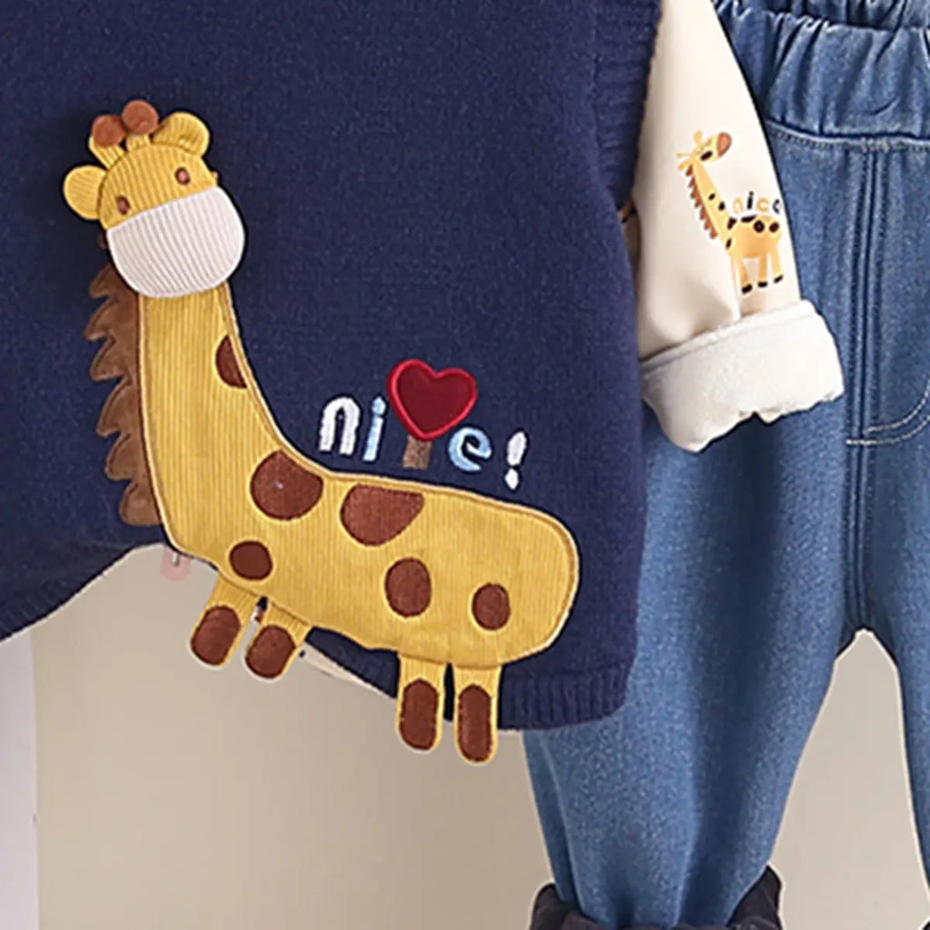 Boys Navy Blue Giraffe Patch Embroidered Sweater Vest With Shirt & Denim Jogger Sets Sets