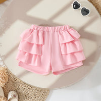 Girls Graphics Short Sleeves Top With Pink Ruffled Shorts Set Sets
