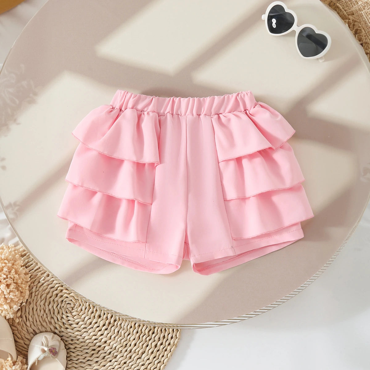 Girls Graphics Short Sleeves Top With Pink Ruffled Shorts Set Sets