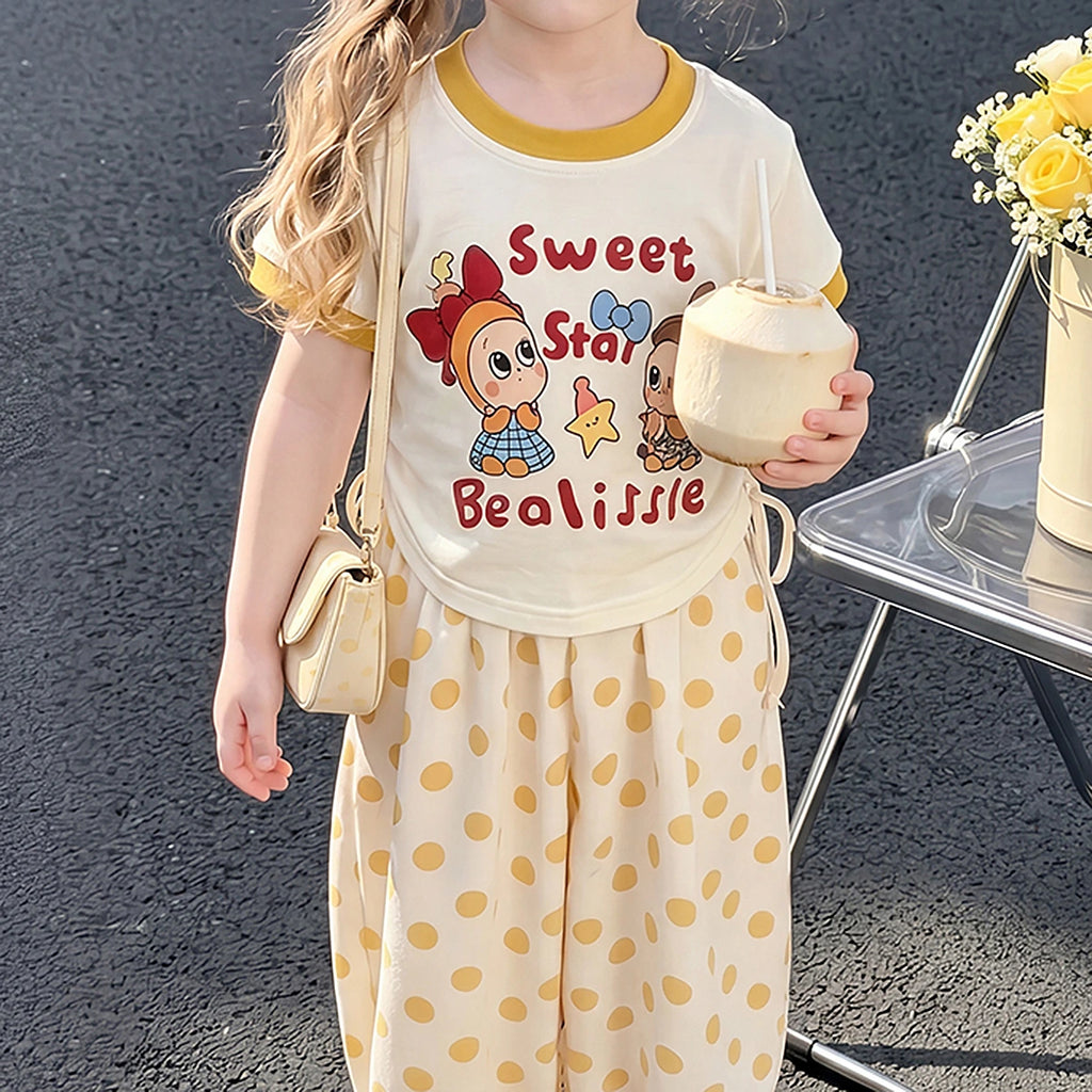 Girls Yellow Typography Print Short Sleeve T-Shirt With Polka Dot Pants Sets 2 pc. Sets